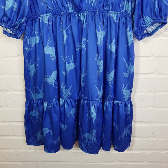 Twisted Wunder Christine Horse Print Mini Dress UK 22 Blue Satin Funky Plus BNWT - Picture 6 of 14